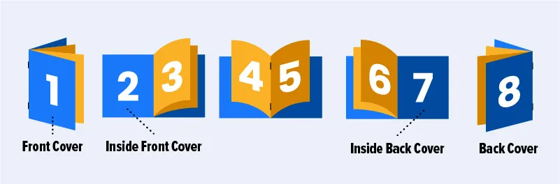 Illustration showing why booklet page counts must be divisible by 4. Each folded sheet creates 4 pages—front and back—resulting in booklets with 8, 12, 16, etc., total pages.